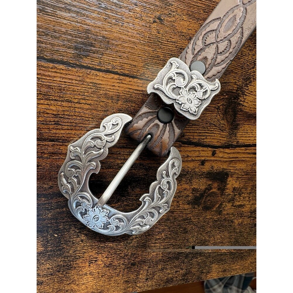 1998 Western Tooled Leather Belt Silver Floral Buckle Cowgirl Y2K Brown Sm/M
